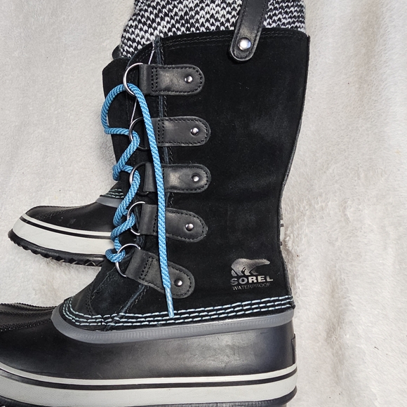 Sorel Joan Of Arctic Knit Waterproof Snow Boots Black Houndstooth Aqua 7 - Picture 9 of 16